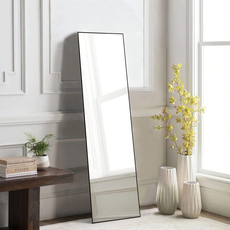 Floor Standing Mirror, Wall Mirror with Stand Aluminum Alloy Thin Frame,21"x64",Black-rect