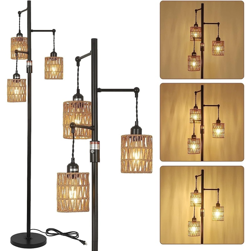 3-Lights Boho Floor Lamp with Stepless Dimmer