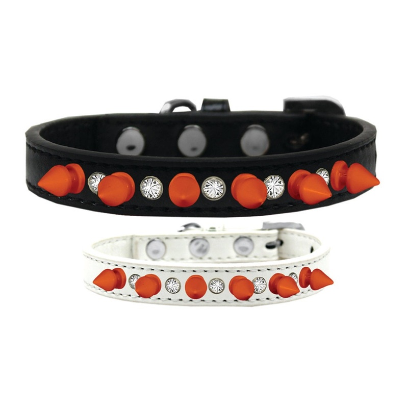 Pet and Dog Spike Collar, "Clear Crystals & Neon Orange Spikes