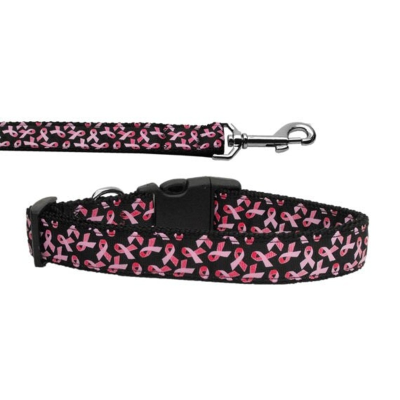 Pet Dog & Cat Nylon Collar or Leash, "Pink Ribbons On Black"