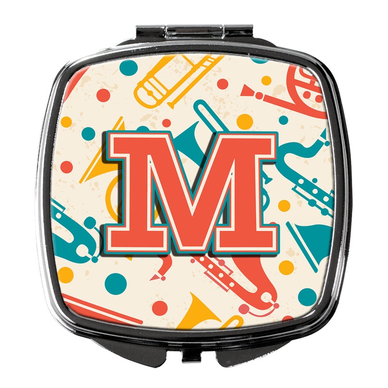 Letter M Retro Teal Orange Musical Instruments Initial Compact Mirror  Stylish Purse Mirror with Artistic Covers CJ2001-MSCM