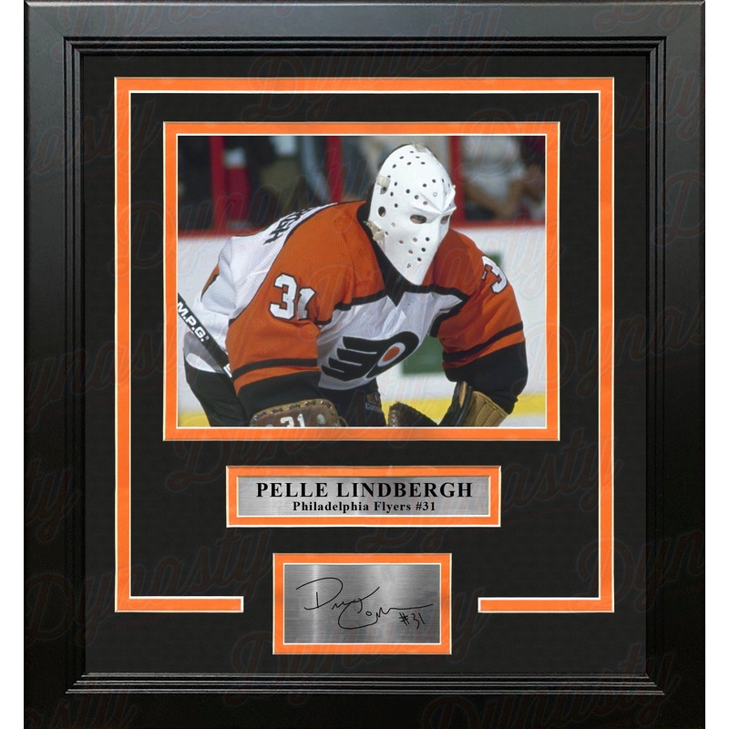 Pelle Lindbergh in Action Philadelphia Flyers Framed Hockey Photo with Engraved Autograph