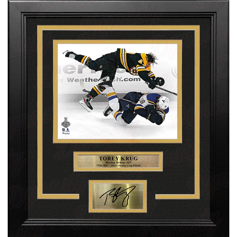 Torey Krug Boston Bruins 2019 Stanley Cup Finals Hit 8x10 Framed Photo with Engraved Autograph