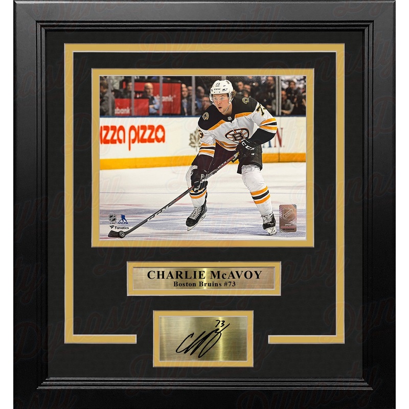 Charlie McAvoy in Action Boston Bruins 8x10 Horizontal Framed Hockey Photo with Engraved Autograph