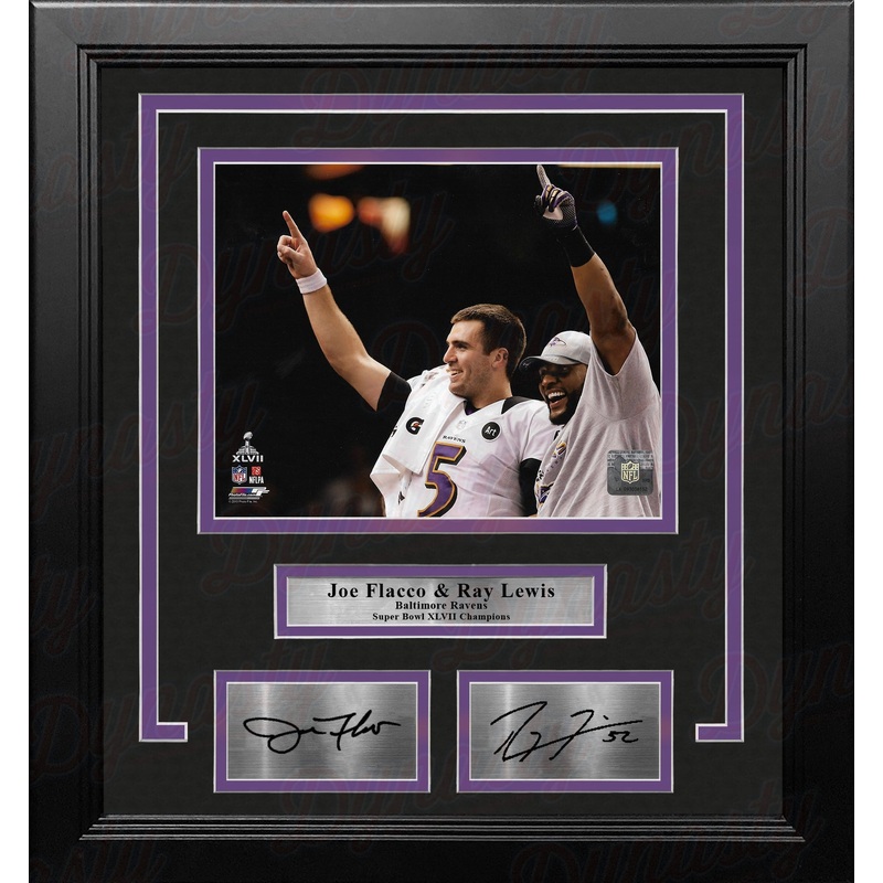 Joe Flacco & Ray Lewis Baltimore Ravens Super Bowl Champs 8x10 Framed Photo with Engraved Autographs