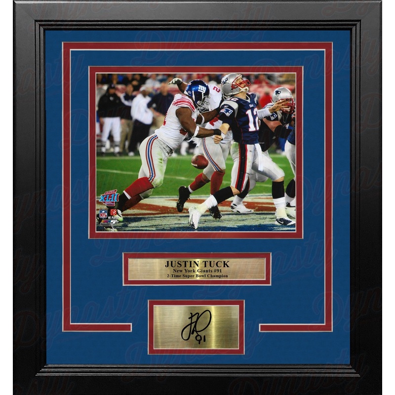 Justin Tuck Hits Tom Brady Super Bowl XLII NY Giants 8x10 Framed Photo with Engraved Autograph