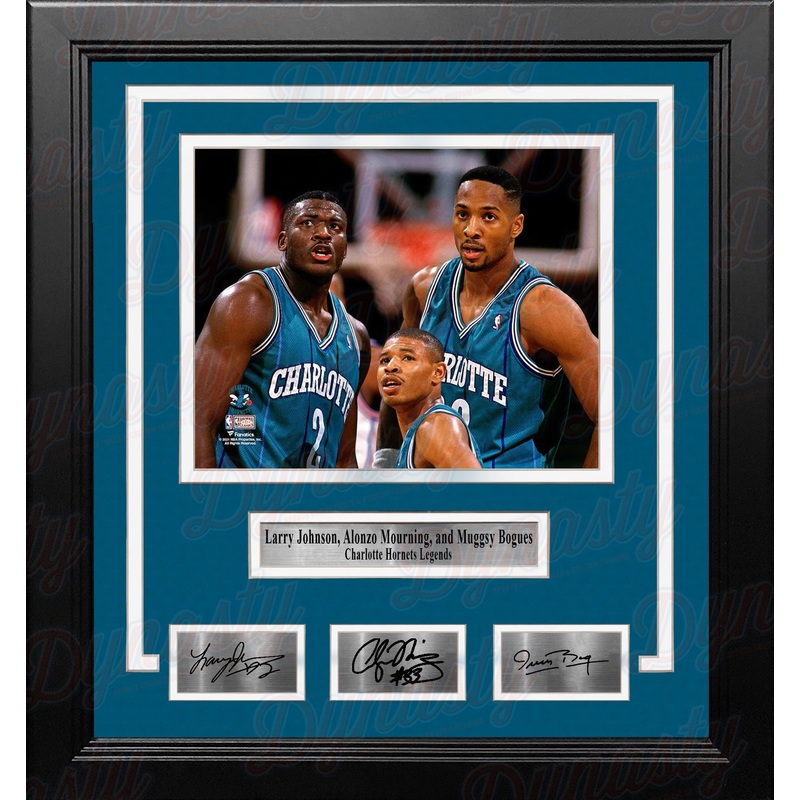 Larry Johnson, Alonzo Mourning, Muggsy Bogues Hornets 8x10 Framed Photo with Engraved Autographs