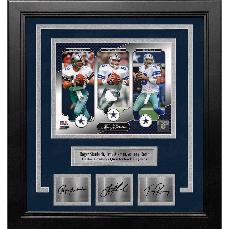 Roger Staubach, Troy Aikman & Tony Romo Dallas Cowboys 8x10 Framed Photo with Engraved Autographs