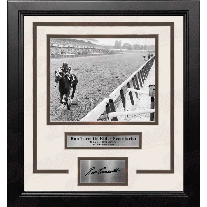 Ron Turcotte Riding Secretariat '73 Belmont Stakes Framed Horse Racing Photo with Engraved Autograph