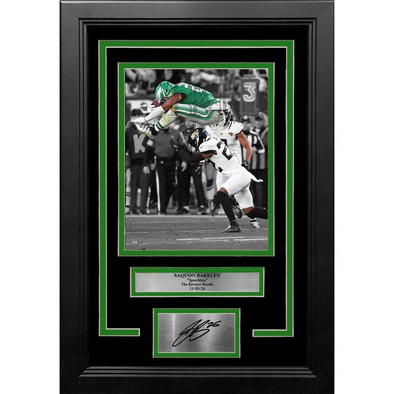 Saquon Barkley Reverse Hurdle Philadelphia Eagles 8x10 Framed Football Photo with Engraved Autograph