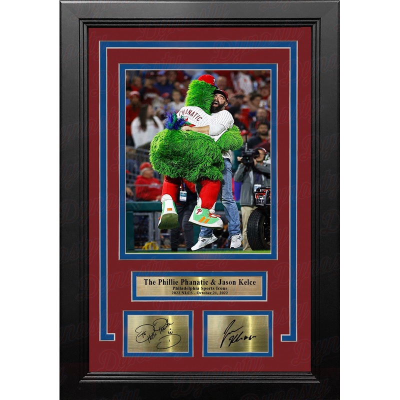 The Phillie Phanatic & Jason Kelce Rally the Phillies Framed Baseball Photo with Engraved Autographs