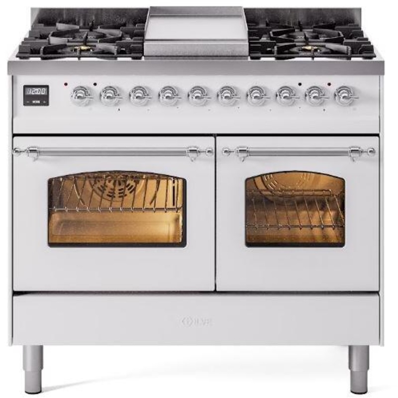 Nostalgie II 40 Inch Dual Fuel Liquid Propane Freestanding Range in White with Chrome Trim, UPD40FNMPWHCLP